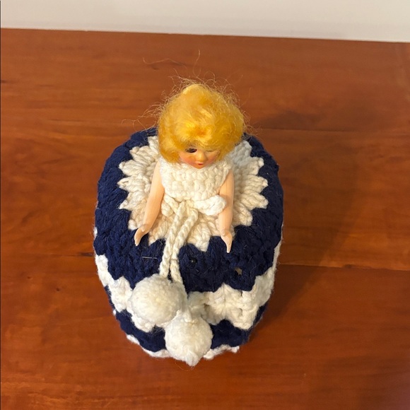 Hand Crafted blue & white striped Toilet Paper Cover Doll Retro Collectible Vtg - Picture 2 of 4